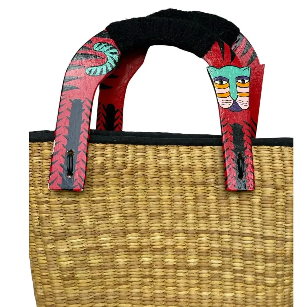 Wooden Handle Straw Basket Bag Purse Tote Hand Painted Cats
